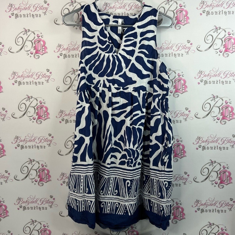 Kaktus dress mini tribal Vneck striped Blue and White Patterned Mini Dress